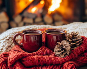 Christmas Still Life with Warm Beverages and Winter Decor in Warm Fireside Palette – Mulled Wine Red, Chestnut Brown, and Ember Orange