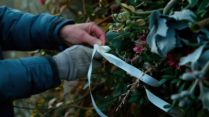male florist cutting delicate white ribbon while designing flower composition in low light