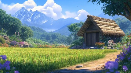 Serene Mountain Landscape with a Thatched Cottage Surrounded by Lush Greenery and Vibrant Flower Fields Under a Bright Blue Sky