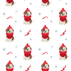 Seamless pattern with cute warm clothed dog. Xmas backgrounds. Cartoon winter animals pattern.