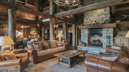 Cozy Rustic Cabin Interior with Stone Fireplace and Wooden Beams