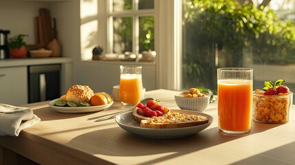 Bright Morning Breakfast with Fresh Fruits and Juices