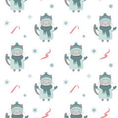 Seamless pattern with cute warm clothed cat. Xmas backgrounds. Cartoon winter animals pattern.