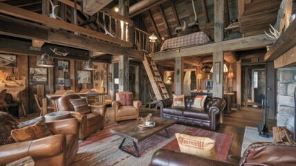 Cozy Rustic Cabin Interior with Stone Fireplace and Wooden Beams