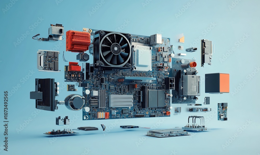 Poster Disassembled computer motherboard with its individual components floating in mid-air against a blue background.