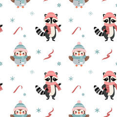 Seamless pattern with warm clothed raccoon and owl. Cartoon winter animals pattern. Xmas backgrounds.