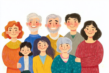 cheerful family portrait illustration featuring three generations, including grandparents, parents, and children, all smiling warmly