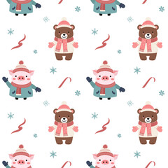 Seamless pattern with warm clothed bear and pig. Cartoon winter animals pattern. Xmas backgrounds.