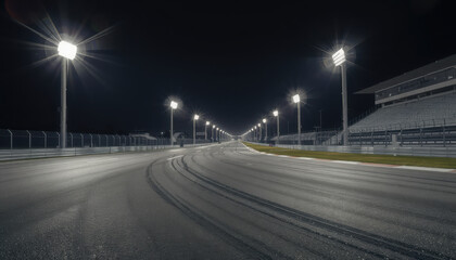 nighttime view of race circuit with bright lights illuminating track, showcasing tire marks on asphalt. empty grandstands add to atmosphere of anticipation