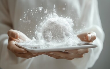 Hand holding a tablet with a 3D hologram of Earth, lines and icons floating above, gray background, generative AI, hightech and futuristic design