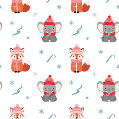 Seamless pattern with warm clothed elephant and fox. Cartoon winter animals pattern. Xmas backgrounds.