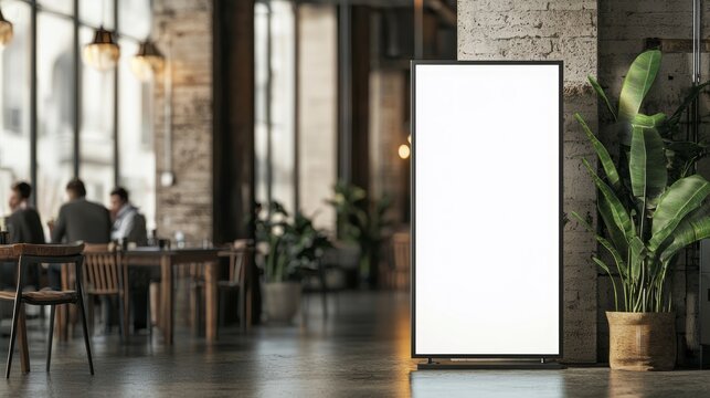 Modern Urban Cafe Scene with Empty Standee Mockup for Seasonal Specials Promotion among Patrons Enjoying Drinks