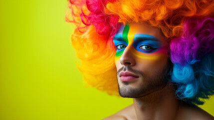 A man with a brightly colored, voluminous wig and expressive makeup. This image can convey gender fluidity and the freedom to embrace different forms of expression