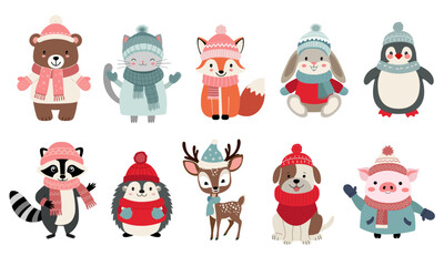 Obraz premium Set of cute animals in winter clothes. Bear, squirrel, penguin, pig, dog. Thickly clothed pets. Winter animals.