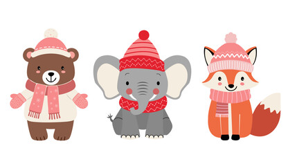 Set of cute animals in winter clothes. Thickly clothed pets. Winter animals. Bear, elephant, fox.