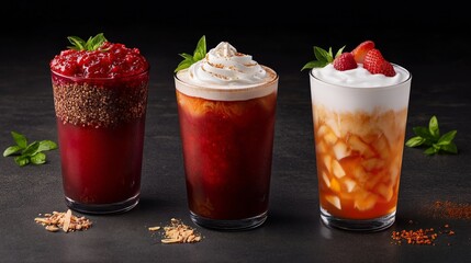A high-resolution image featuring three gourmet iced tea beverages topped with unique garnishes like whipped cream, chia seeds, strawberries, and mint leaves, presented against a dark background
