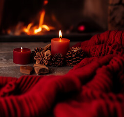 Christmas Still Life with Candles and Winter Decor in Warm Fireside Palette &ndash; Mulled Wine Red, Chestnut Brown, and Ember Orange
