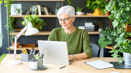 A woman in a green sweater is sitting at a desk with a laptop