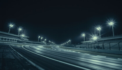 nighttime view of race circuit illuminated by bright lights, showcasing smooth curves of track and empty grandstands, creating thrilling atmosphere