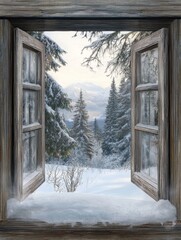 A Window View of a Snowy Mountain Landscape