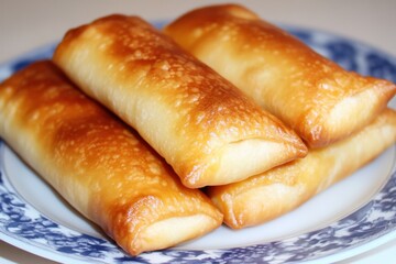 Savory Golden Pastries Stacked on a Decorative Plate, Ready to Delight in a Cozy Setting