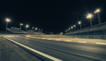 Obraz premium Nighttime race circuit with illuminated track and grandstands, showcasing vibrant atmosphere. smooth asphalt curves invite excitement and speed
