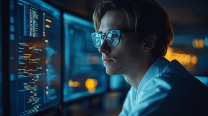 Focused programmer analyzing code in a tech workspace
