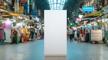 Obraz premium Vibrant Marketplace Standee Mockup for Local Business Advertisement in Busy Urban Setting