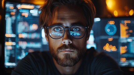 Focused data analyst working in a high-tech environment