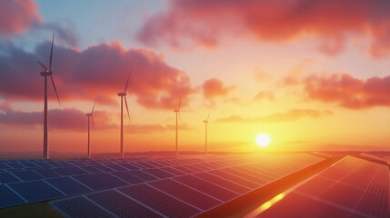 Solar Panels and Wind Turbines Under Sunset Sky