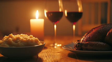 Fototapeta premium Romantic Dinner Setting with Roast Chicken, Velvety Mashed Potatoes, Two Glasses of Red Wine, and a Softly Glowing Candle for an Intimate Evening Meal