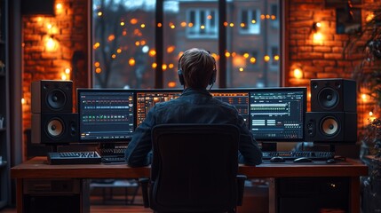 Music producer creating in a cozy studio environment
