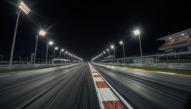 night view of race circuit with illuminated track and grandstands, showcasing excitement of motorsport. empty track invites anticipation for next race