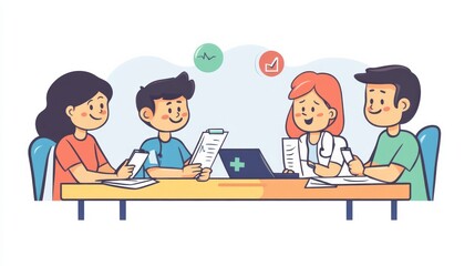 A professional photo of a diverse group of individuals in a meeting, discussing health insurance policies with documents and digital devices, AI Generative