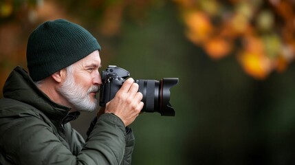 Fototapeta premium Senior photographer capturing autumn scenery outdoors