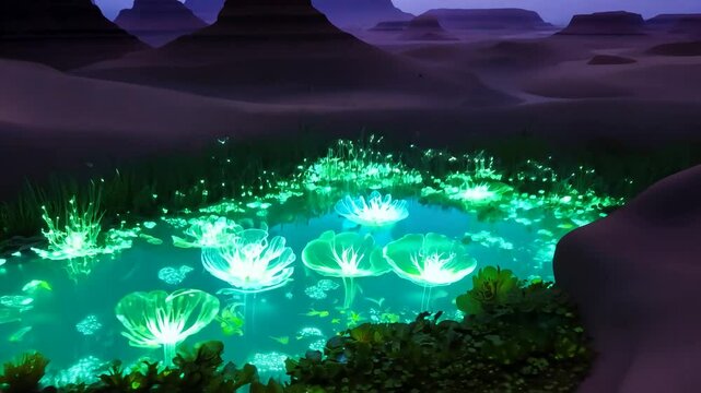 Bioluminescent Desert Oasis An oasis in the desert glowing with bioluminescent plants and mystical creatures