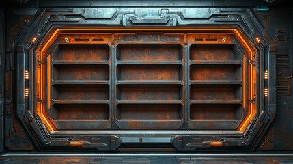 Obraz premium Futuristic industrial wall with illuminated panels, orange lighting, and metallic textures, perfect for sci-fi projects