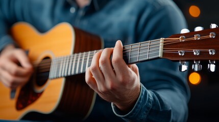 Fototapeta premium Close-up of a musician playing acoustic guitar