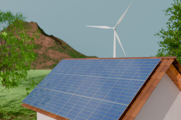 A house with solar panels and a wind turbine, illustrating renewable energy sources in a green landscape. 3d rendering
