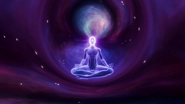 Person sitting in lotus pose mediating and achieving spiritual awakening | Trying to activate Kundalini chakras