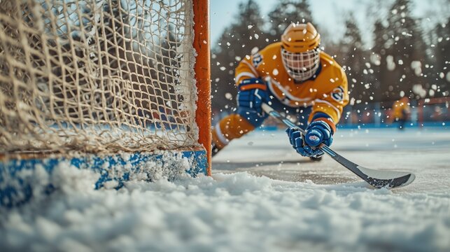 A hockey player in action, attempting a goal with the puck near the net on a snowy outdoor rink.