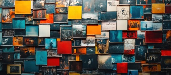 Wall covered in framed abstract art with various colors.