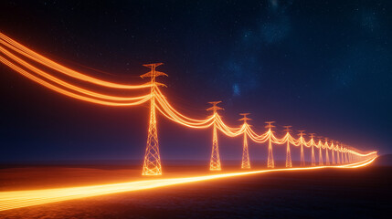Fototapeta premium Power Towers at Night with Glowing Cables in Open Field