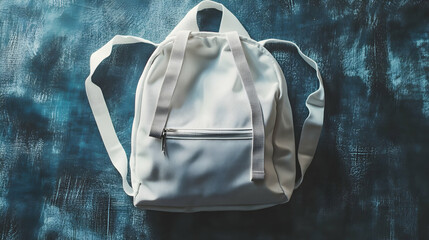 A white fabric backpack with a casual and sporty design, photographed against a textured blue background. The bag is lightweight and ideal for everyday use.