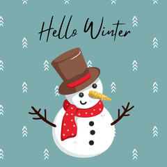 Christmas card with cute snowman. Happy celebrate xmas tag. Childish holiday greeting card. Hello winter