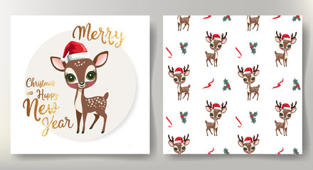 Merry Christmas card and seamless pattern with cute reindeer in santa hat. Christmas template. Winter animals.
