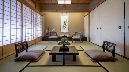 Minimalist Japanese-Inspired Living Room with Tatami Flooring and Bonsai