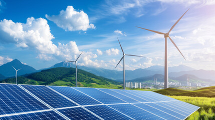 Modern Solar Farm with Wind Turbines in Green Landscape