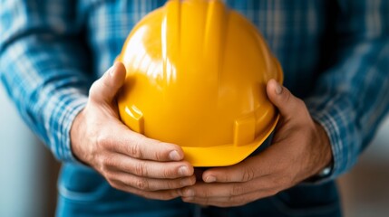 Worker holding a yellow hard hat in a construction setting