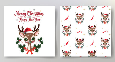 Merry Christmas card and seamless pattern with cute reindeer in santa hat. Christmas template. Winter animals.